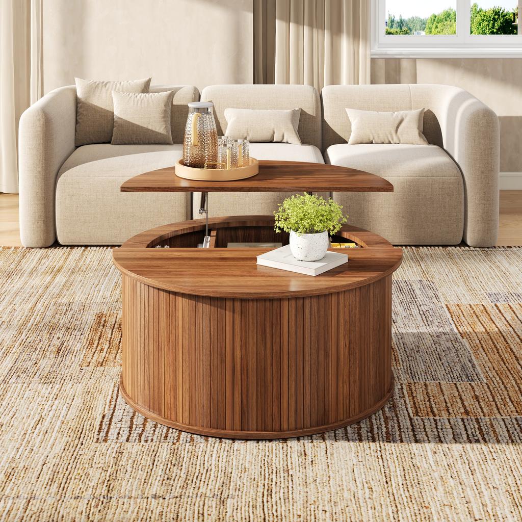 Couchtisch Wohnzimmertisch Couchtisch MDF Rund Höhenverstellbar Stauraum