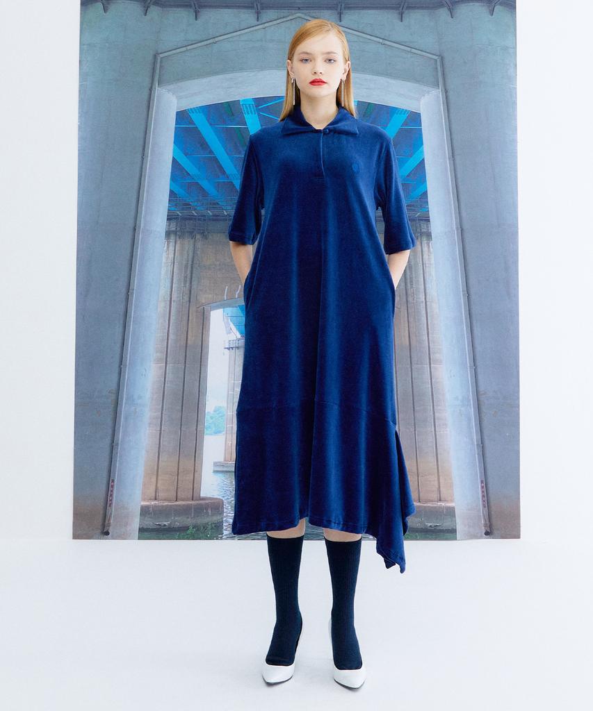 THE STUDIO K Asymmetrical Velour Dress_Navy