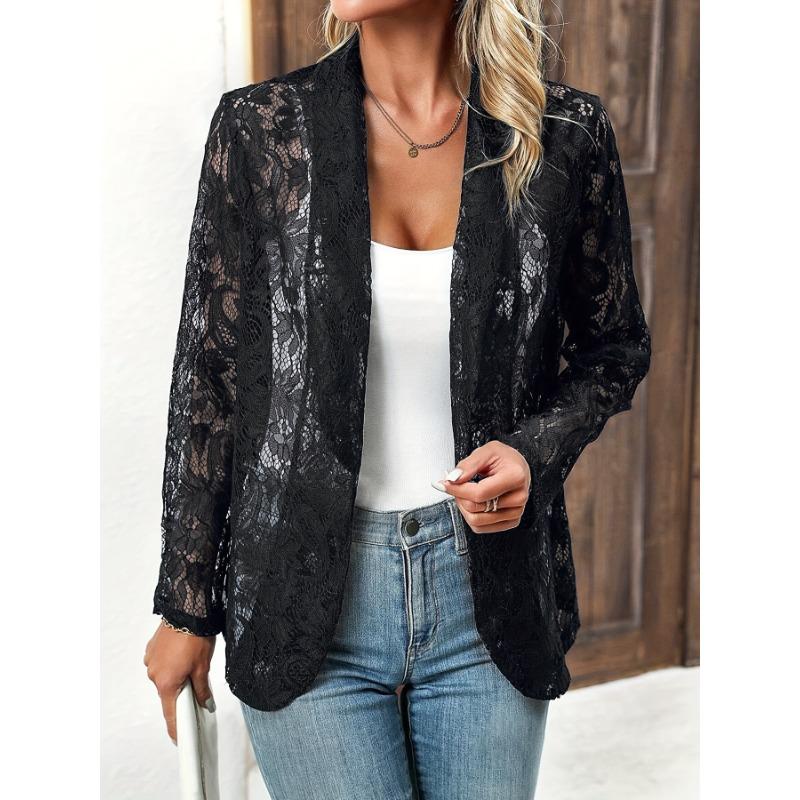 1pcs Womens Chic Floral Lace Blazer Sophisticated Layered Look - Long Sleeve, Open Front Perfect for Casual or Workwear
