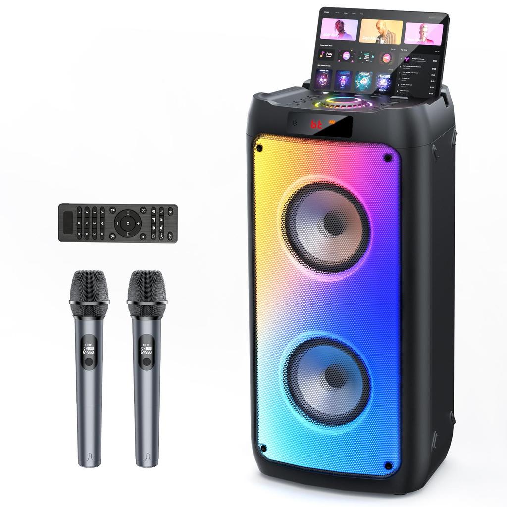 FanFun Karaoke Machine, Portable Bluetooth Speaker with 2 Microphones, RGB Party Light, Remote Control, T10-T