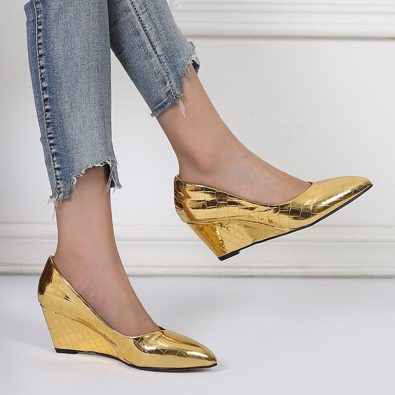 Fashion Slope Heel Single Shoes Women Pointed Toe Shallow Mouth High Heeled Work Shoes Women Silver Hundred Comfort Zapatos De Mujer