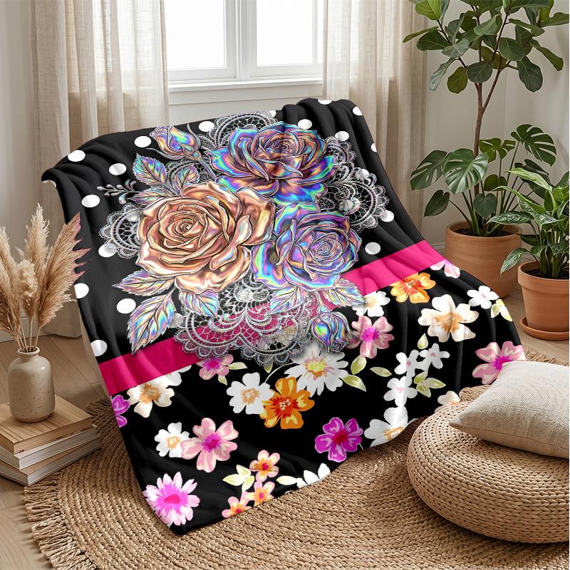 Golden Roses with Pearls Theme Blanket Lightweight Warm Flannel Blanket Decorative Throw Blanket for Home Decoration