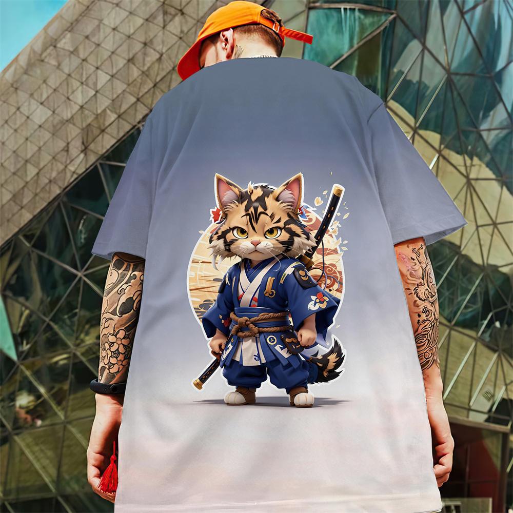 New Men's T-Shirt 3d Samurai Cat Short Sleeve T-Shirt 2024 Summer Quick Drying Casual Tees Tops Casual Oversized T-Shirt For Men