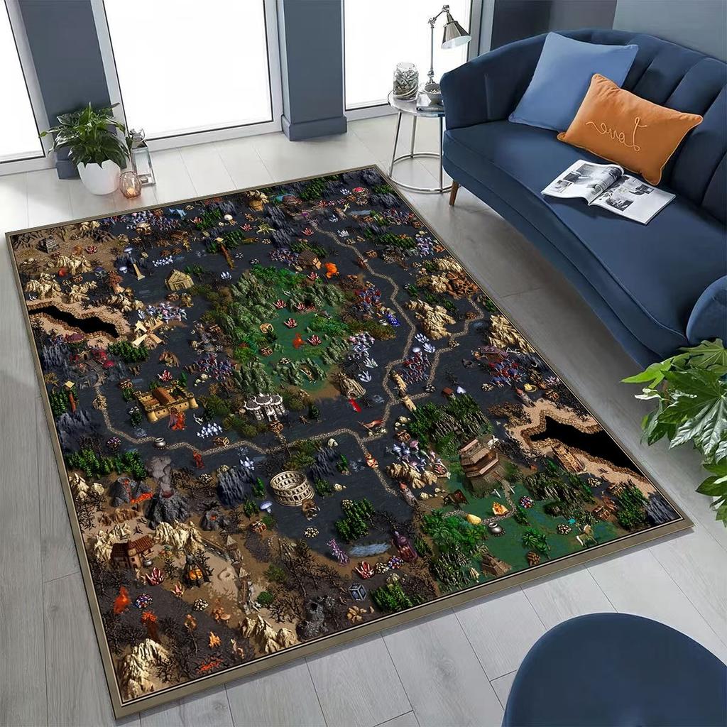 Retro Heroes of Might and Magic Karten Spiele Kunst Teppich für Schlafzimmer Wohnzimmer Sofa Zuhause Fußmatte Dekor, Große Kinder Rutschfeste Bodenmatte
