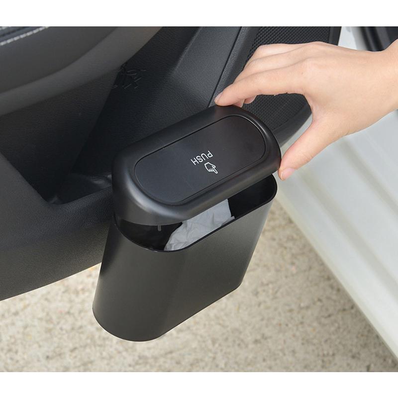 Lixeira de carro suspensa para veículo, caixa de armazenamento para lixo, preto, ABS, quadrado, tipo prensagem, lata de lixo, interior do automóvel