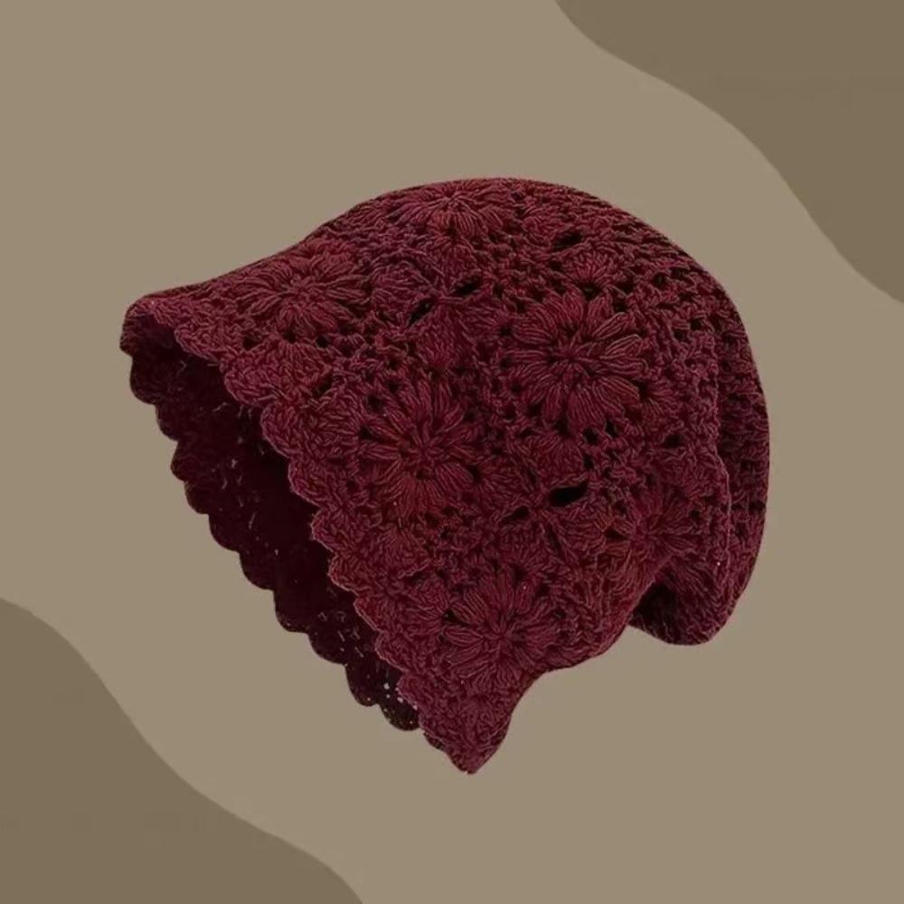 Bohemian Style Crochet Flower Knitted Hat Thin Handmade Lace Woven Cap Apparel Accessories Korean Hollowed Out Beanie Cap Casual