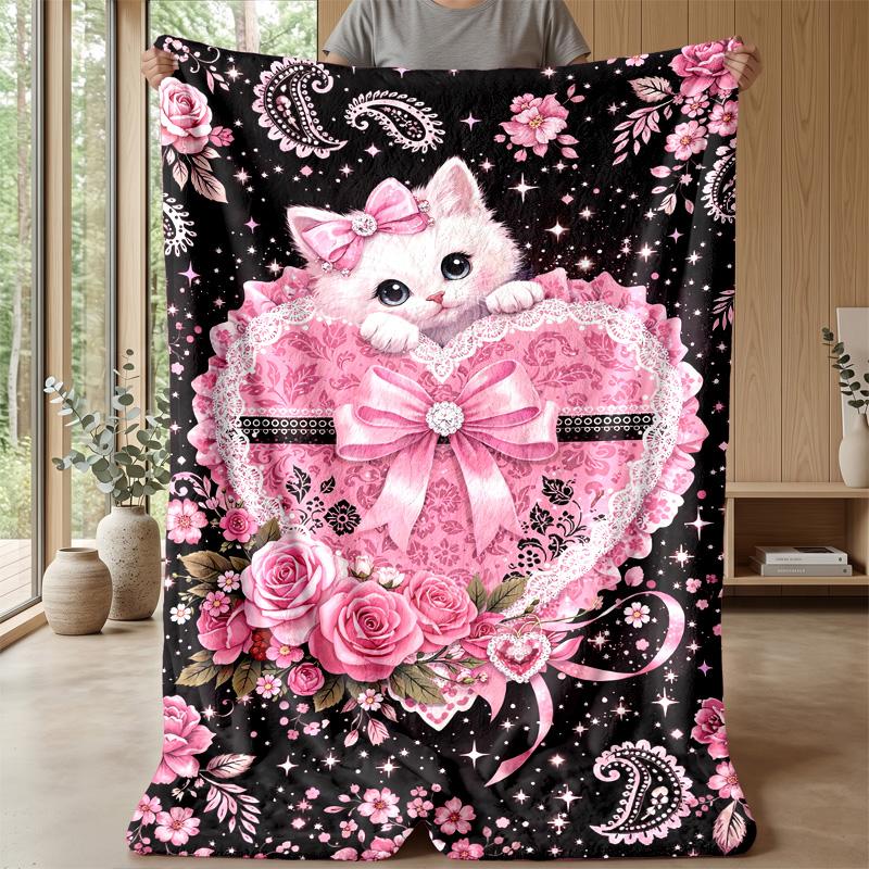 Pink Heart with Kitten and Flowers Theme Blanket Lightweight Warm Flannel Blanket Decorative Throw Blanket for Home Decoration