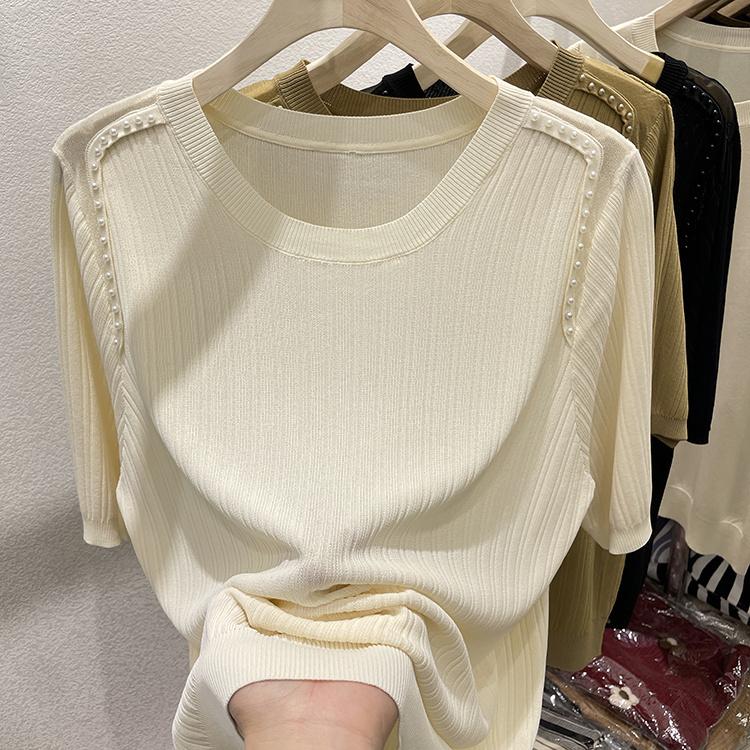 Tricou alb cu mânecă scurtă și gât rotund, la modă, cu mărgele de unghii, top subțire, pulover tricotat lejer, de culoare uni, pentru femei