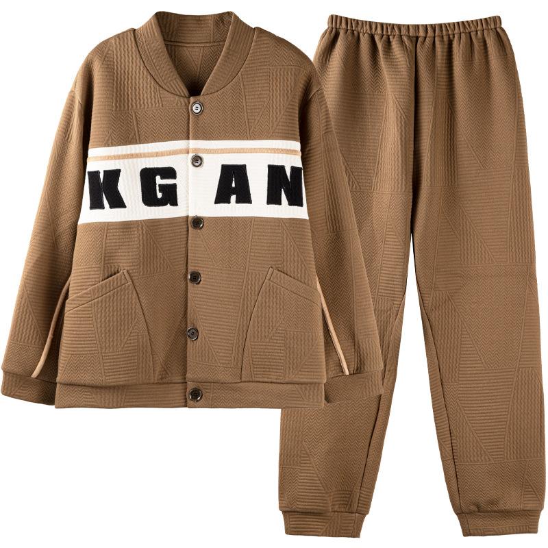 Pajamas Men'S Spring And Autumn Pure Cotton Thickened Long Sleeve Large Size Padded Cotton Air Cotton Interlayer Autumn And Winter Loungewear Set