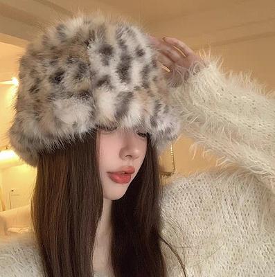 Pălărie cu găleată din blană de nurcă imitație leopard, toamnă și iarnă, pălărie caldă, rece, personalitate, protecție urechi, pălărie de pescar, pălărie de bazin