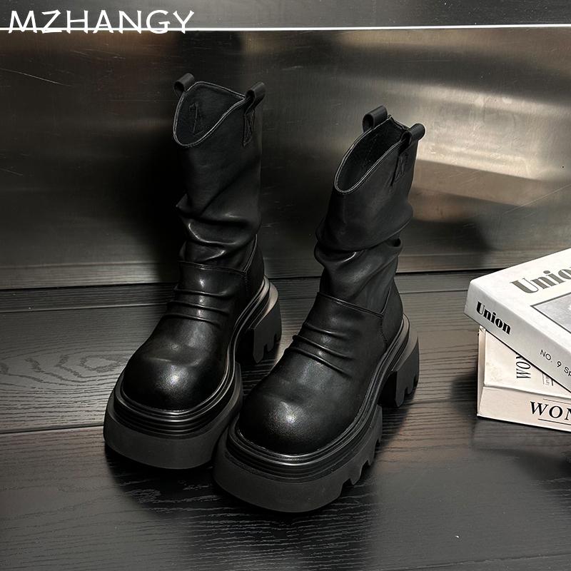 Fashion Women Leather Platform Ankle Boots Chunky Pleated Shoes Woman 2025 Trend Fashion Winter New Snow Chelsea Boots Goth Mujer Botas