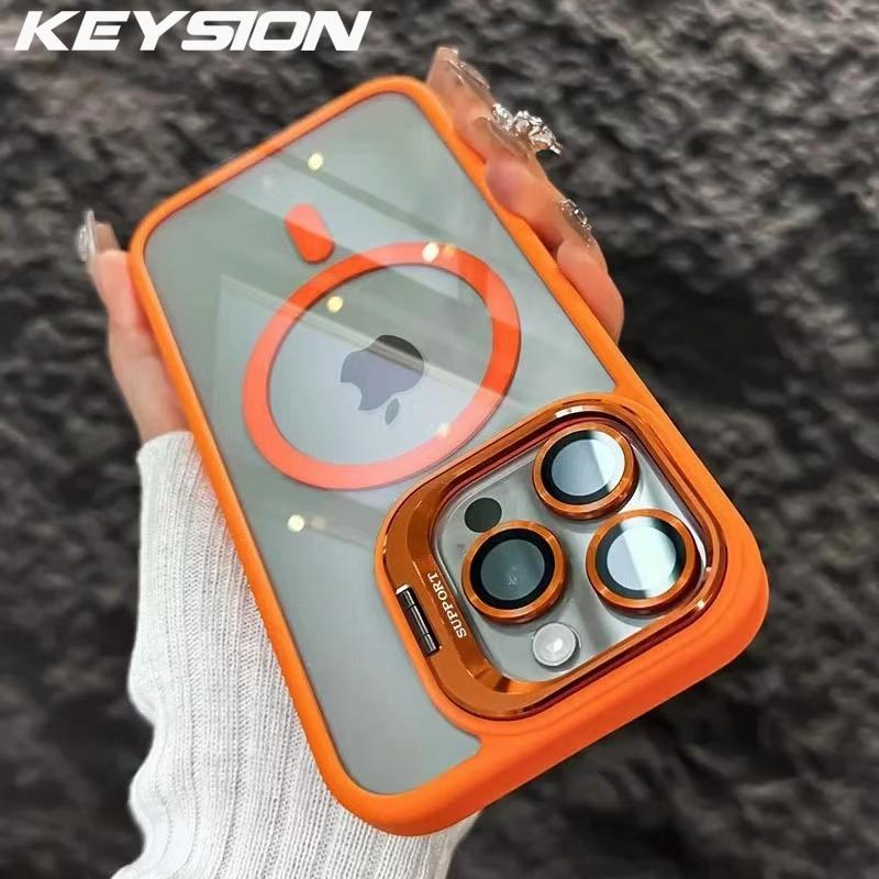 KEYSION Magnetic Transparent Phone Case for MagSafe for iPhone 11 12 13 14 Pro Max Lens Protector Metal Stand Shockproof Cover