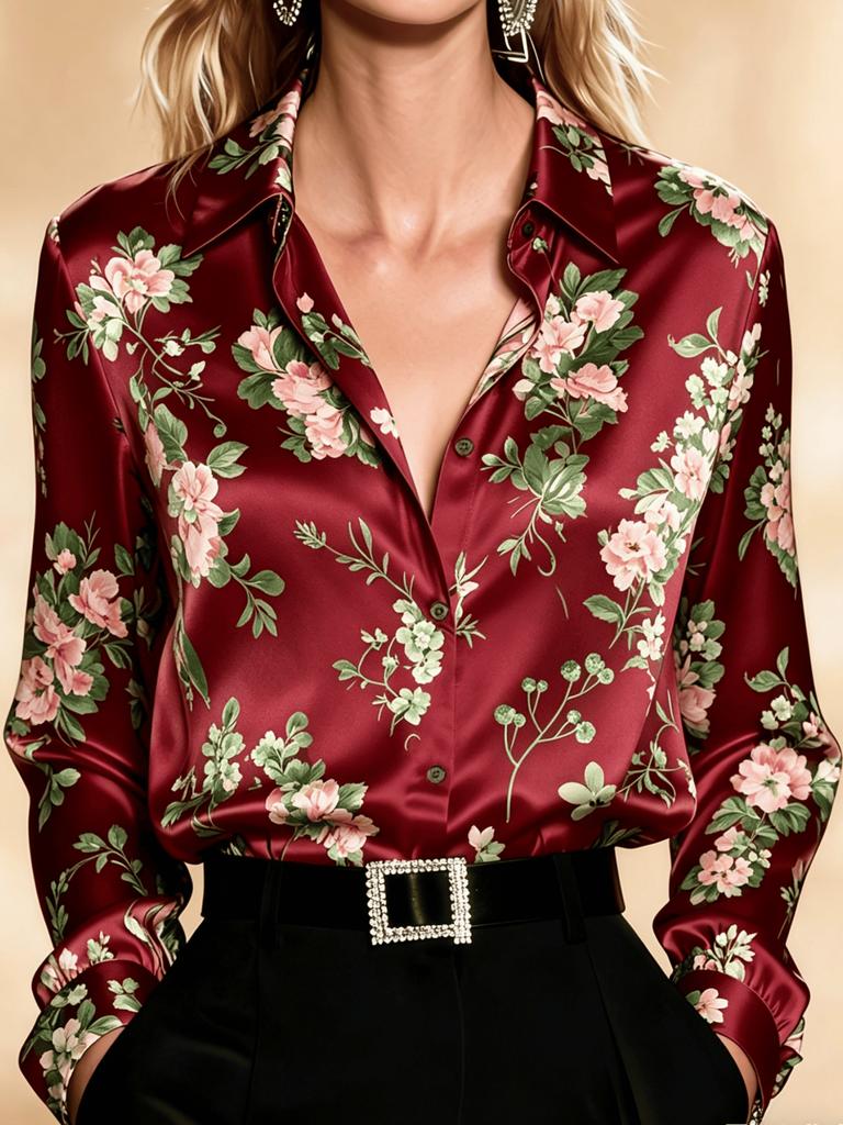 Women's Satin Floral Print Long Sleeve Shirt Lapel Collar Elegant Daily Blouse