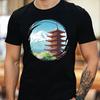 T-Shirt Men Japanese Temple Pagoda Motif Cotton Size S To 5XL