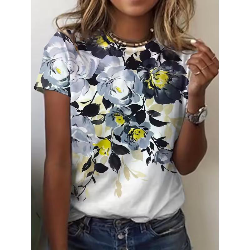 Women's Summer Round Neck Temperament T-shirt Breathable Short-sleeved Retro Floral Pattern Top Loose Casual Wear Ladies 3d T-shirt
