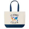 Shopping Bag - PLANETEE - Travel Is Life - Cotton 40 X 45 Cm - Blue Background Graphic Design - Made In France
