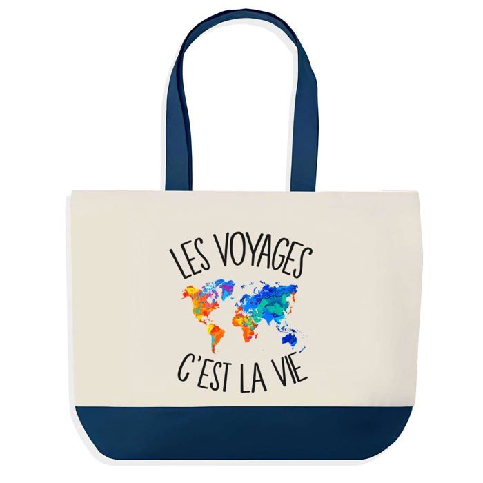 Shopping Bag - PLANETEE - Travel Is Life - Cotton 40 X 45 Cm - Blue Background Graphic Design - Made In France