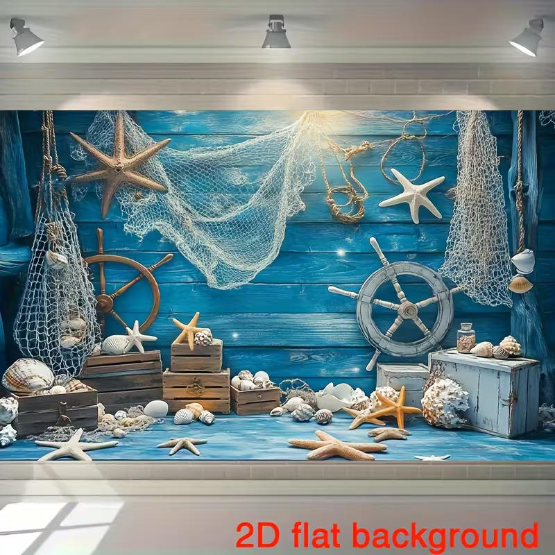 2D Beach Nautical Tapestry, Starfish Seashell & Fishing Net Background