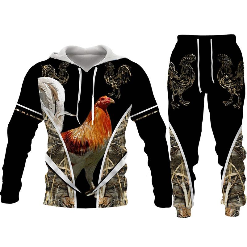 Cool Rooster Hunting Camo Hoodie Suit Harajuku Men's Funny Pullover Pants Two Piece Set Chicken Cock Animal 3D Printed Tracksuit