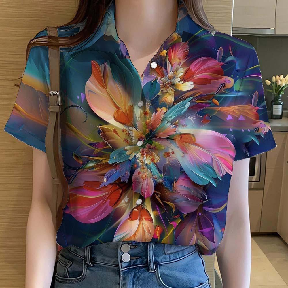 Womens Shirts Short Sleeve Button Floral Rose 3D Printed Casual Beach Shirt Summer Hawaiian Flower Blouse Women's Clothes