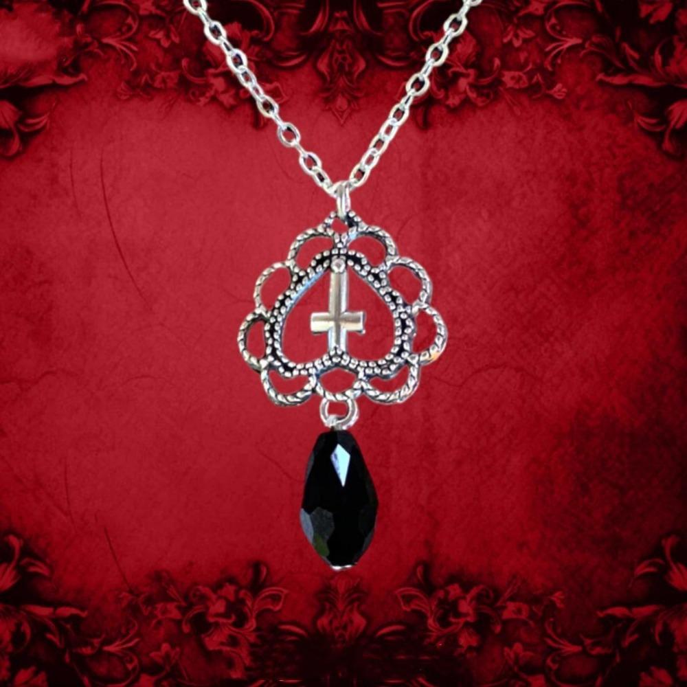 Gothic Ancient Silver Hollowed-out Heart-shaped Central Cross Red Black Crystal Pendant Necklace Earrings Set for Woman Jewelry