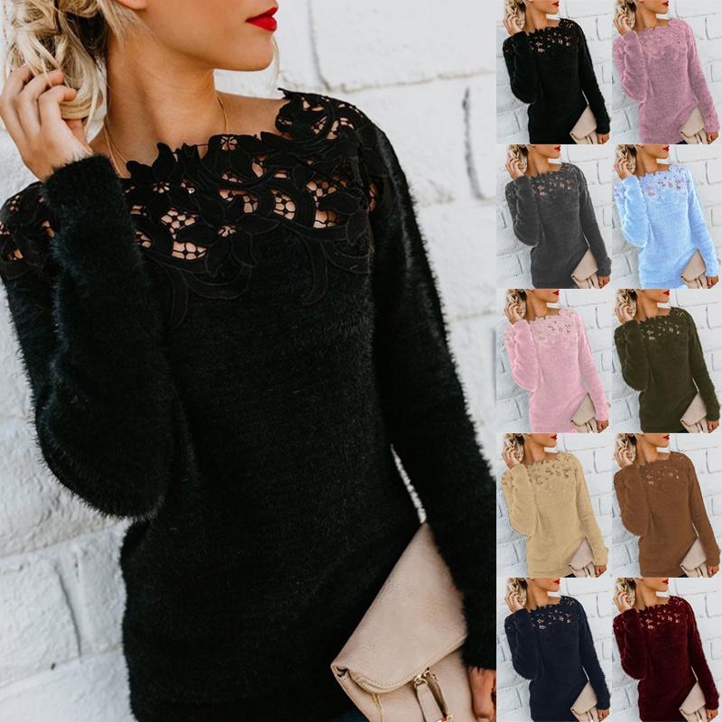 Pulovere confortabile de damă pentru toamnă-iarnă, din fleece, cu design elegant din dantelă, pentru stil