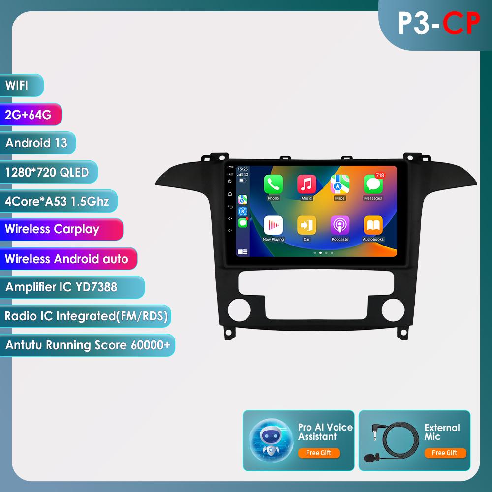 OSSURET Carplay 4G Android 13 Car Radio for Ford S-Max 2007 - 2015 Auto AC Multimedia Video Player GPS 2din Autoradio Intelligent Screen Bluetooth RDS