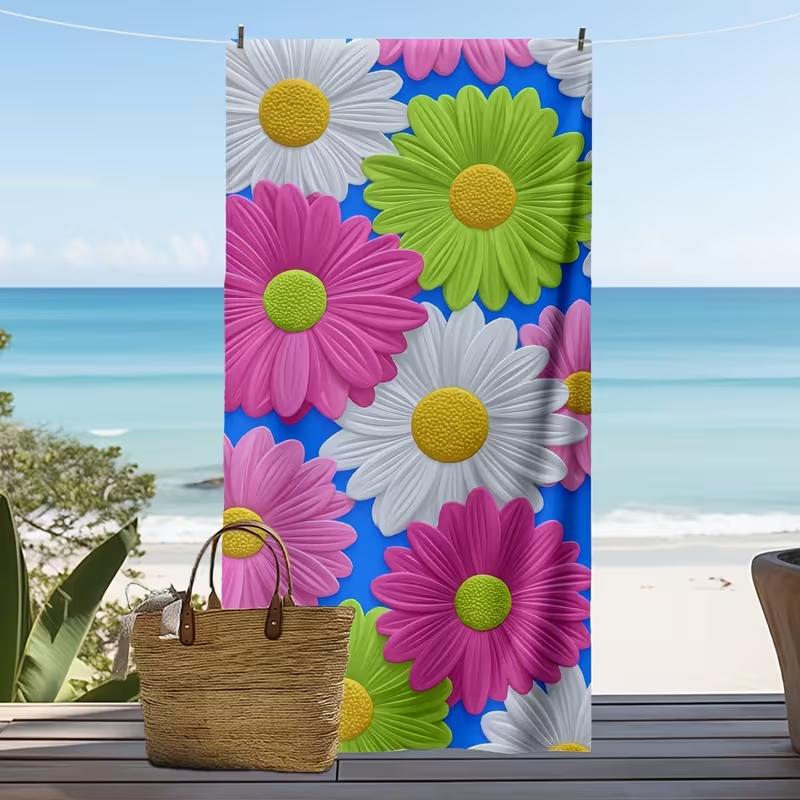 Colorful Daisy Flower Blue Base Beach Towel Soft Quick Dry Sandproof Towel Tropical Floral Beach Pool Holiday