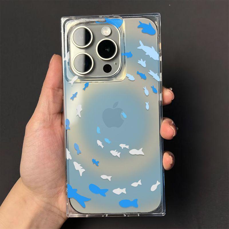 Dreamy Vortex Blue Small Fish Phone Case For iPhone 17 16 15 14 13 12 11 Pro Max PLUS Air INS Transparent Rectangle Soft Cover
