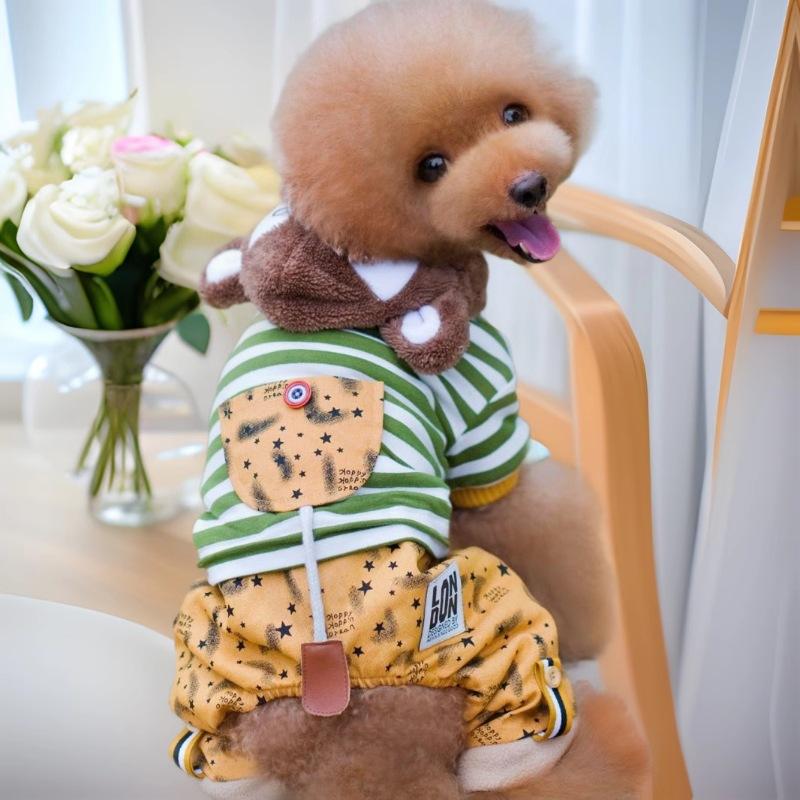 Autumn and winter teddy pet warm thickened fleece four-legged cotton coat dog clothes with hat four-legged ji pet winter