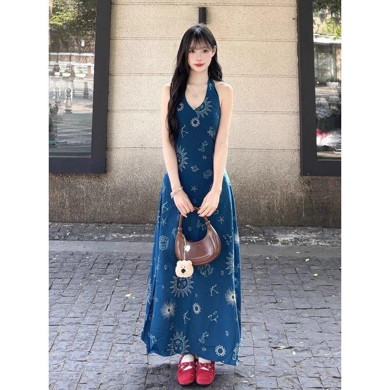 New Retro Vacation Style Blue V-neck Neck Vest Dress Children's Summer Waist Dress