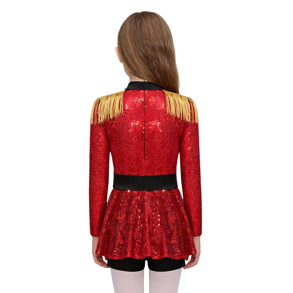 Kids Girls Circus Ringmaster Costume Long Sleeve Tassel Shiny Sequins Dress Jumpsuit Halloween Fancy Cosplay Outfit