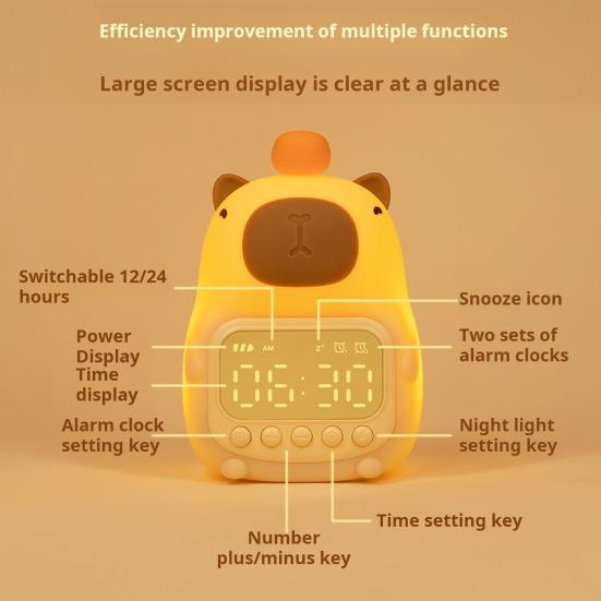 Capybara Alarm Clock with Night Light Dimmable Snooze Function Rechargeable Silicone Lamp