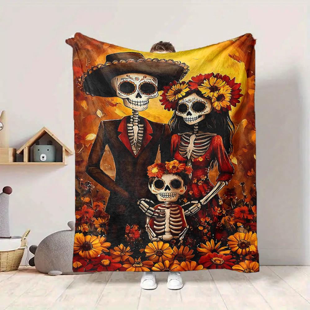 1pc Sugar Skulls Blanket Lightweight Flannel Blanket Throw Blanket For Sofa, Bed, Travel, Camping, Livingroom, Couch, Chair, And Bed Yy2509026146