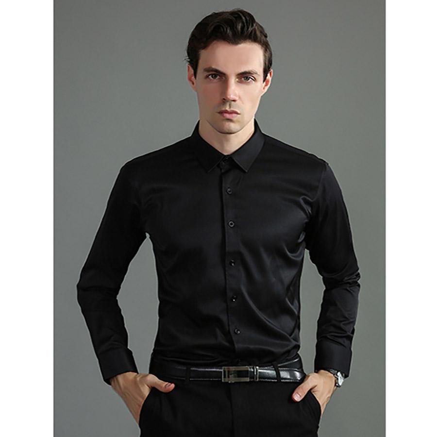 Elastic Non Ironing Men's Long Sleeve Shirt Solid Mercerized Vertical Oversize Men Shirts White Black Blue Top