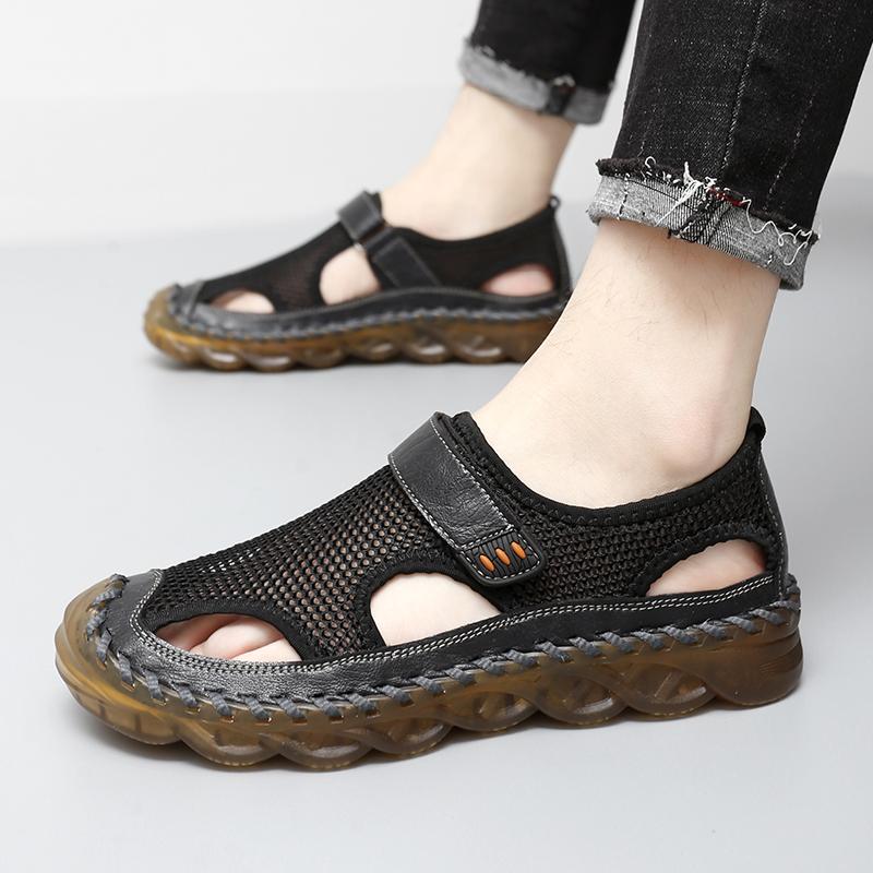 Men Outdoor Hiking Sandals Black Leather Closed Toe Grey Beach Shoes Wide Handmade Sandals Large Size for Father