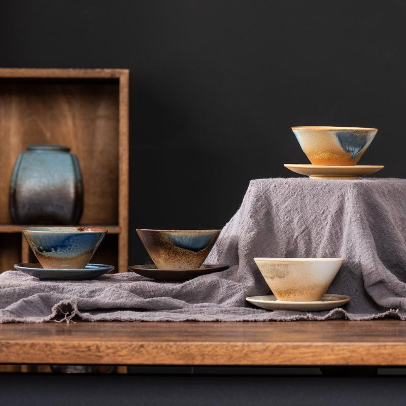 Retro Style Ceramic Cup Coarse Pottery Ceramic Cup Creative Flying Saucer Coffee Cup Saucer Set