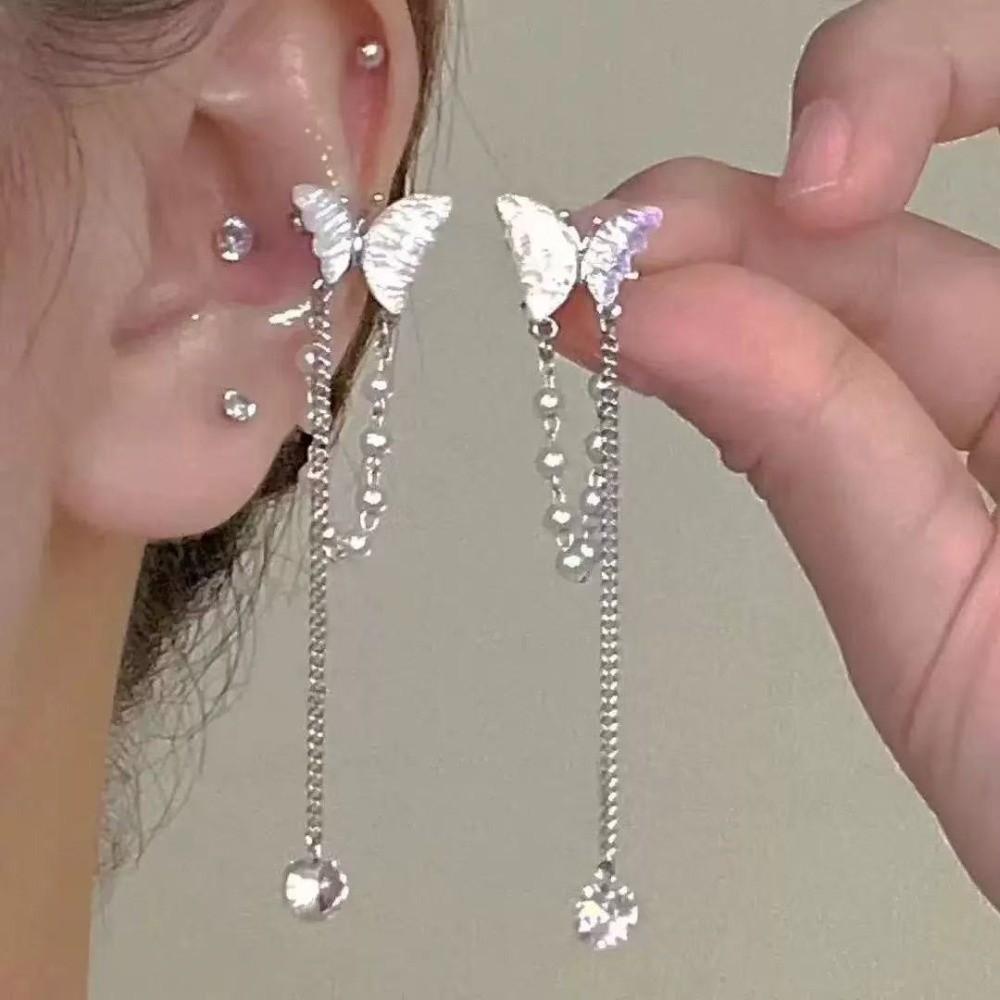 1 Pair Fashion Shiny Zircon Ear Cuff Long Tasse Luxury Design Zircon Ear Clip Trendy Design Tassel Earring Female Accessories