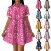 Casual Loose Fit Shirt Dress for Women Button Front Short Sleeve Collared Dress with Printed Hemline Border Design