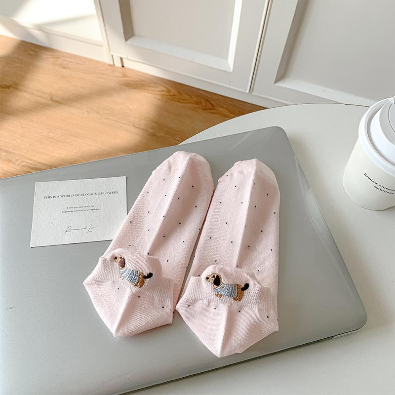 Spring and Summer Children's Thin Style Short Socks with Polka Dots, Cute Cartoon Dachshund Embroidery, Spring Cotton Short Tube Trendy Socks