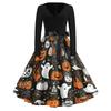 Women’s Casual Halloween Print V Neck Retro Dress with Long Sleeves and Belt Fit Flare for Holiday Party