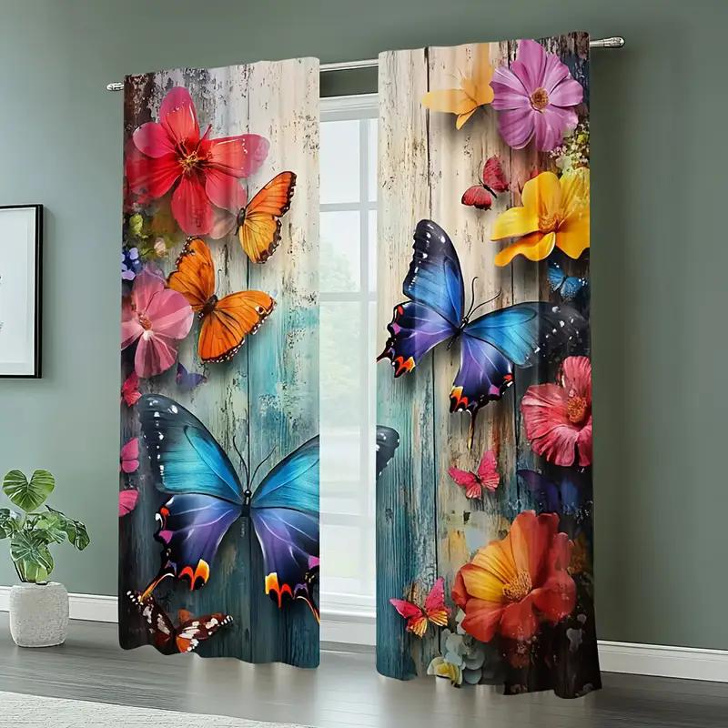 Vivid Butterfly Flower Printed Curtains Pole Bag Bedroom Living Room Home Decoration Set Of 2 Made Polyester Sitting Decor