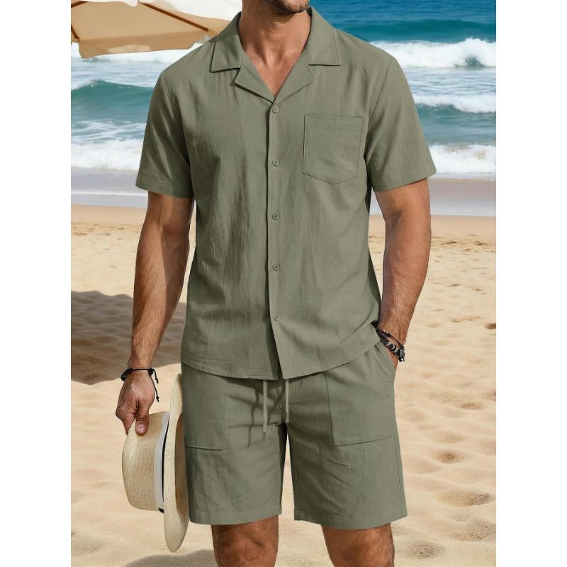 Herr Casual Linne Kortärmad Skjorta och Shorts Set