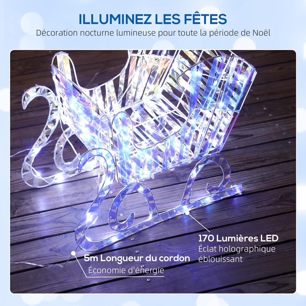 Rozsvietiteľný vianočný sob a sane so 170 teplými bielymi LED diódami, Vianočná dekorácia do interiéru aj exteriéru, 60x29x115cm
