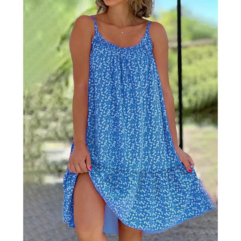 Summer Floral Printed Suspender Dress Fashion New Loose Women Casual Plus Size Dress Ladies Elegant Ruffled Party Sleeveless Holiday A-line Dress 764