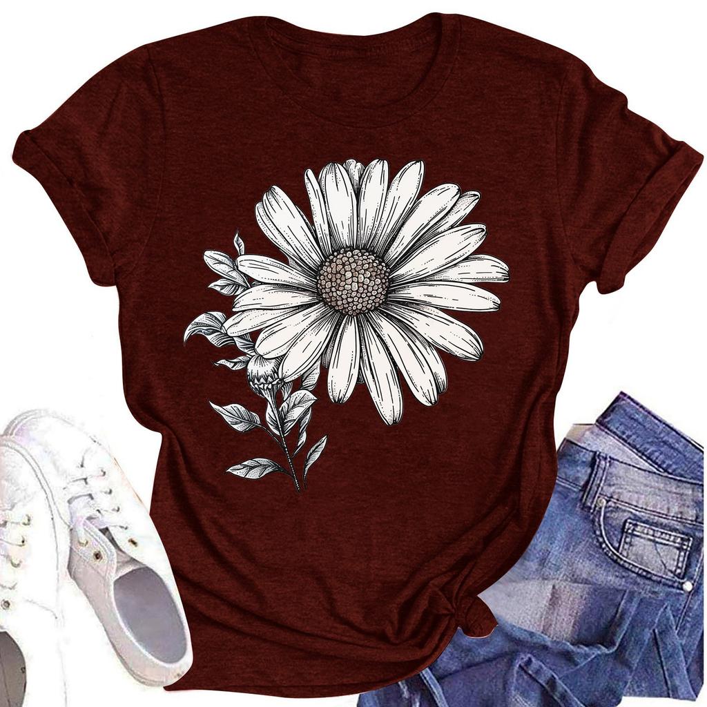 Women's Casual Round Neck Floral Print Short Sleeve T-Shirt Top
