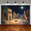 A Christmas Night Scene Starry Sky Shepherd and Livestock Stable Theme Background Fabric - Polyester Suitable for Christmas