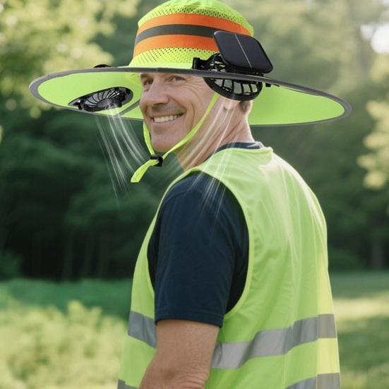 Cappello da Sole con Doppia Ventola Solare Strisce Riflettenti ad Alta Lucentezza Avviso di Sicurezza Tesa Oversize Protezione UV Integrale Cappello a Secchiello