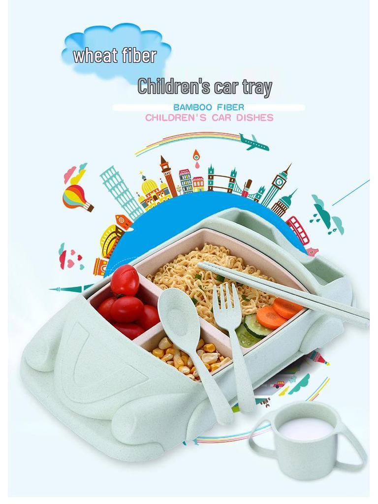 Wheat Cartoon Car Kids' Tableware Set: Divided Plate, Chopsticks, Fork, Spoon, Cup.