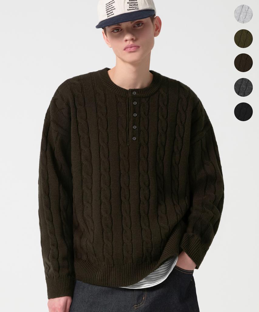 TRILLION Semi-Crop Henley Neck Cable Knit_5Color